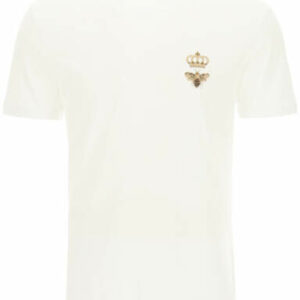 DOLCE & GABBANA T-SHIRT WITH BEE AND CROWN EMBROIDERY 46 White, Gold Cotton