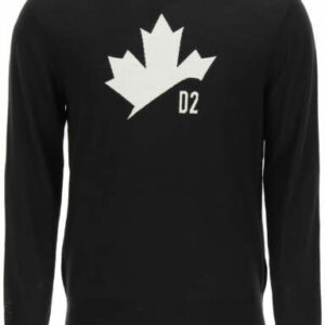 DSQUARED2 WOOL SWEATER D2 LEAF INTARSIA S Black, White Wool