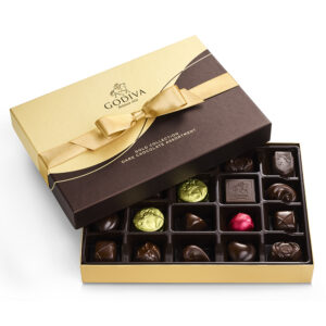 Dark Chocolate Gift Box and Ballotin, Gold Ribbon, 22 pc