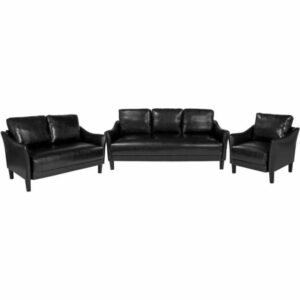 Delacora FF-SL-SF915-SET-GG Asti Three Piece Leather Upholstered Living Room Set Black Indoor Furniture Sets Living Room