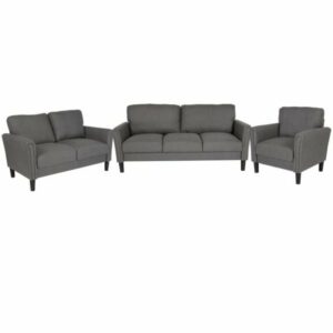 Delacora FF-SL-SF920-SET-DGY-GG Bari Three Piece Fabric Upholstered Living Room Set Dark Gray Indoor Furniture Sets Living Room