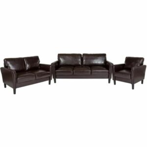 Delacora FF-SL-SF920-SET-GG Bari Three Piece Leather Upholstered Living Room Set Brown Indoor Furniture Sets Living Room