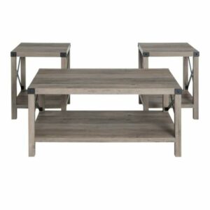 Delacora WE-BDRO40MXCT 3 Piece Wood Framed Rustic Living Room Table Set Gray Wash / Black Indoor Furniture Sets Living Room