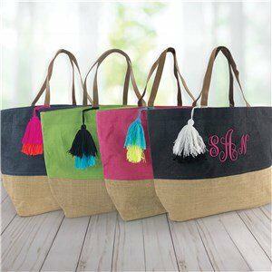 Embroidered Color Block Monogram Jute Tote Bag