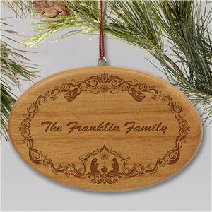 Engraved Family Nativity Christmas Wooden Oval Holiday Ornament