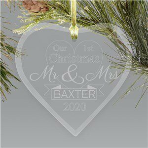 Engraved First Christmas Mr. and Mrs. Holiday Ornament Glass Heart