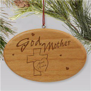 Engraved Godmother Wooden Oval Holiday Ornament