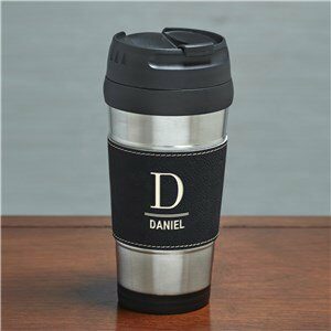 Engraved Initial and Name Black Leatherette Travel Mug