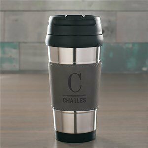 Engraved Initial and Name Grey Leatherette Travel Mug