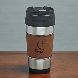 Engraved Initial and Name Leatherette Travel Mug