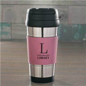 Engraved Initial and Name Pink Leatherette Travel Mug