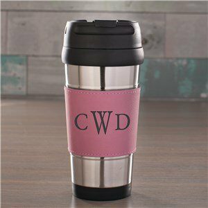 Engraved Initials Pink Leatherette Travel Mug