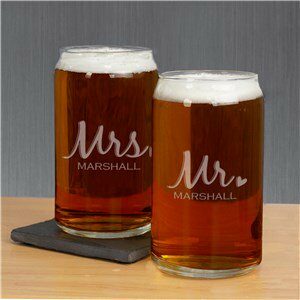 Engraved Mr. Mrs. Beer Can Glass Set