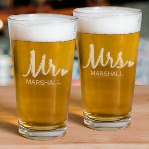 Engraved Mr. Mrs. Beer Glass Set