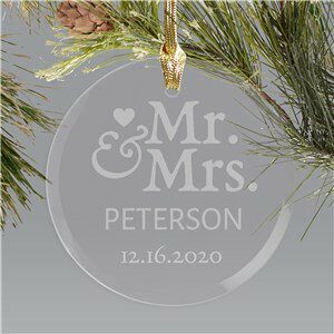 Engraved Mr. Mrs. Round Glass Personalized Wedding Christmas Ornament