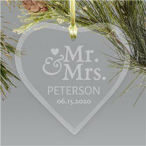 Engraved Mr. and Mrs. Glass Heart Holiday Ornament