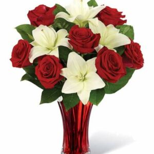 Flowers - Classic Red Rose & White Lily Bouquet - Regular