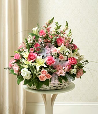 Flowers - Large Sympathy Arrangement In Basket - Pink & White - Regular