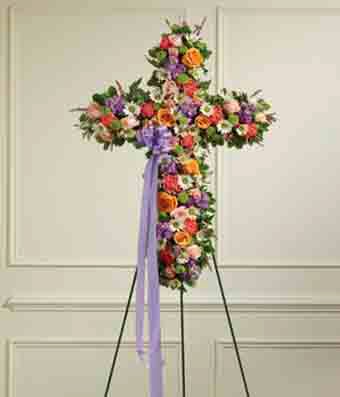 Flowers - Multicolor Pastel Mixed Flower Standing Cross - Regular