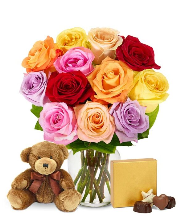 Flowers - One Dozen Rainbow Roses with Chocolates & Bear - Regular