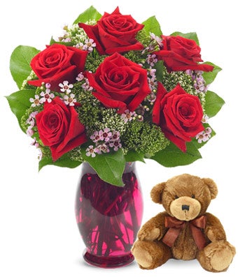 Flowers - Rose Garden Bouquet with Bear - Regular