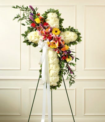 Flowers - Solid White Standing Cross With Bright Flower Break - Regular