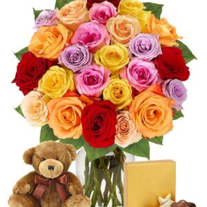 Flowers - Two Dozen Rainbow Roses with Chocolates & Bear - Regular