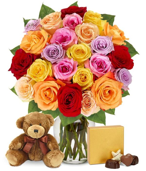 Flowers - Two Dozen Rainbow Roses with Chocolates & Bear - Regular