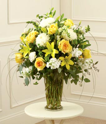 Flowers - Yellow & White Large Sympathy Vase Arrangement - Regular