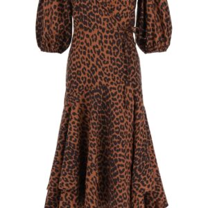 GANNI ASYMMETRICAL LEOPARD PRINT DRESS 34 Brown, Black Cotton