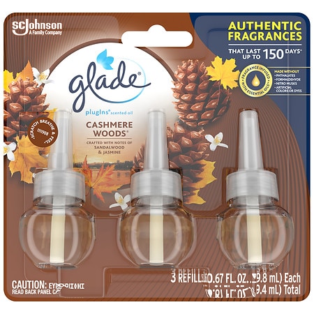 Glade PlugIns Scented Oil Refill Cashmere Woods, Essential Oil Infused Wall Plug In - 0.67 fl oz x 3 pack