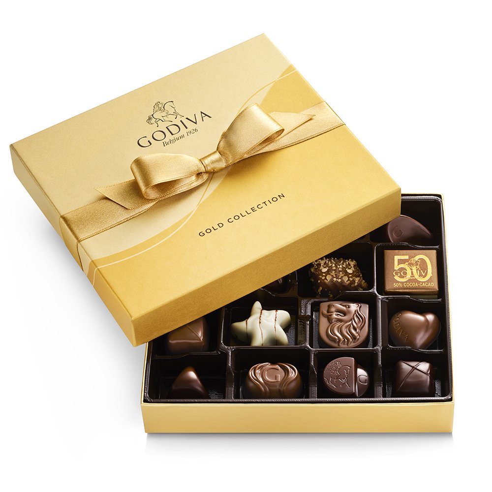 Godiva Assorted Chocolate Gold Gift Box and Ballotin, Gold Ribbon, 19 pc Godiva Assorted Chocolate Gold Gift Box and Ballotin, Gold Ribbon, 19 pc