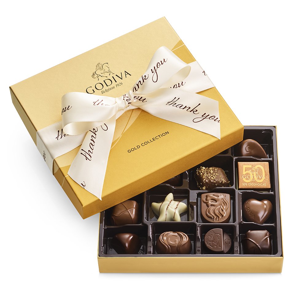 Godiva Assorted Chocolate Gold Gift Box and Ballotin, Thank You Ribbon, 19 pc Godiva Assorted Chocolate Gold Gift Box and Ballotin, Thank You Ribbon, 19 pc