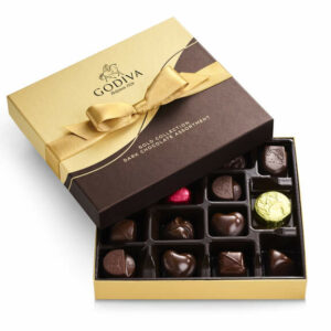 Godiva Dark Chocolate Gift Box and Ballotin, Gold Ribbon, 15 pc Ganache Bliss Caramel Embrace