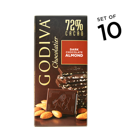 Godiva Large 72% Dark Chocolate with Almond Bar, Set of 10