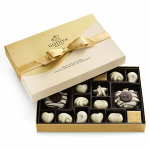 Godiva White Chocolate Assortment Gift Box and Ballotin, Gold Ribbon, 22 pc Dark, Milk Chocolate Raspberry Star