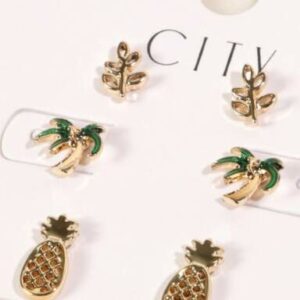 Gold Plated Palm Tree Pineapple Stud Earrings Set