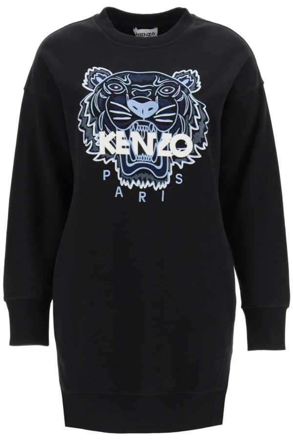 KENZO FLEECE MINI DRESS WITH TIGER EMBROIDERY XS Black Cotton