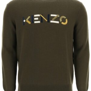 KENZO SWEATER WITH MULTICOLOUR LOGO EMBROIDERY S Green Wool