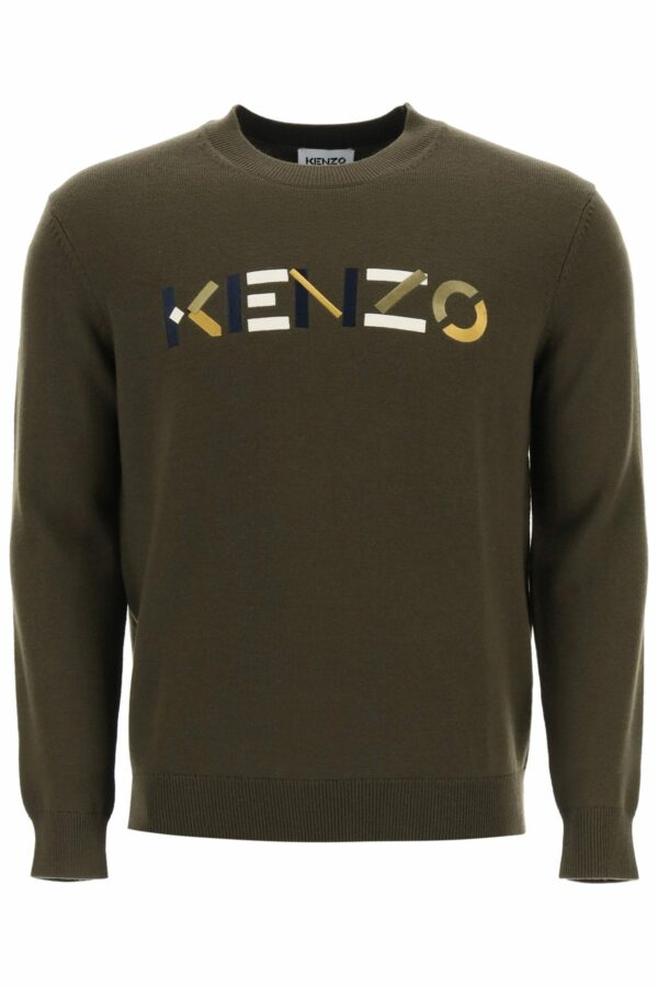 KENZO SWEATER WITH MULTICOLOUR LOGO EMBROIDERY S Green Wool