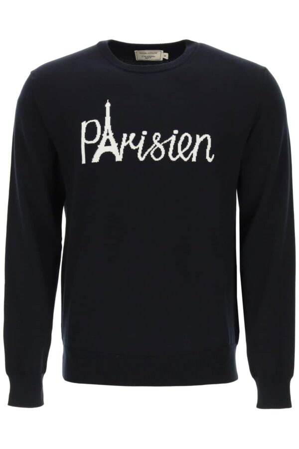 MAISON KITSUNE PARISIEN EIFFEL TOWER INTARSIA SWEATER M Blue, White Cotton