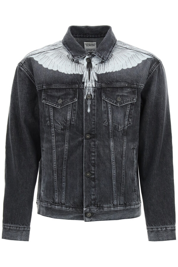 MARCELO BURLON WINGS PRINT DENIM JACKET L Black Cotton, Denim