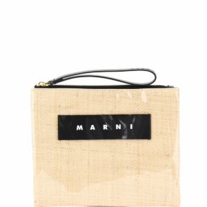 MARNI SMALL GLOSSY GRIP RAFFIA POUCH OS Beige, Black Leather