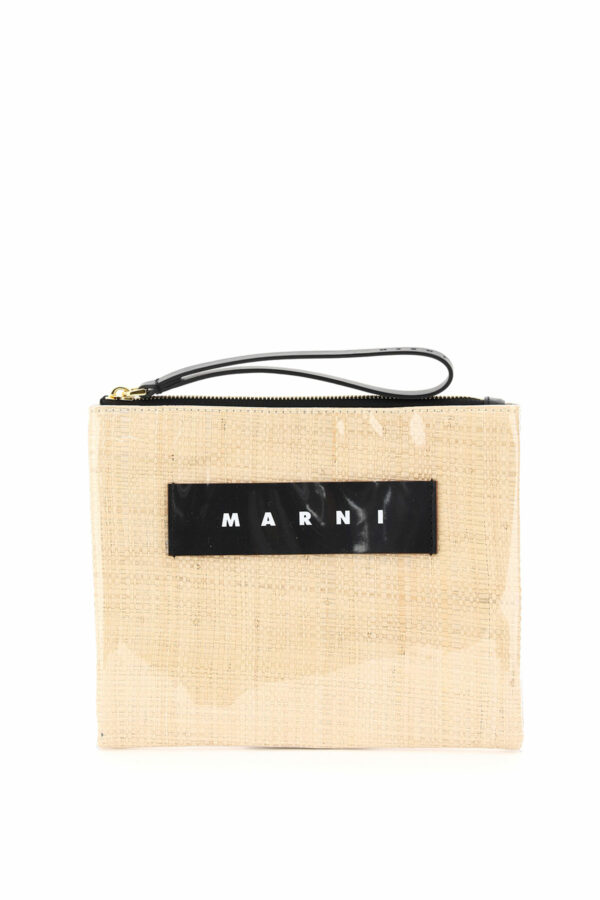 MARNI SMALL GLOSSY GRIP RAFFIA POUCH OS Beige, Black Leather