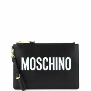 MOSCHINO LOGO PRINT CLUTCH OS Black, White Leather