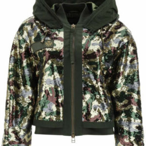 MR & MRS ITALY CAMOUFLAGE SEQUINED BOMBER JACKET S Green, Gold, Brown Technical