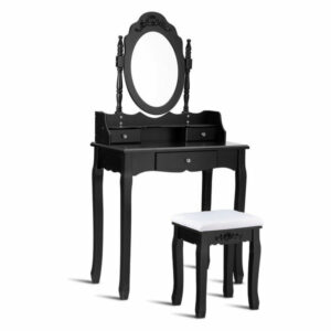 Modern 3-Drawer Mirror Makeup Dressing Table Stool Set, Black