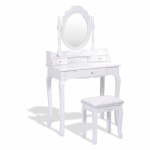 Modern 3-Drawer Mirror Makeup Dressing Table Stool Set, White