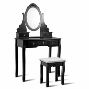 Modern Mirrored Jewelry Wooden Vanity Table Set With 5 Drawers, Black