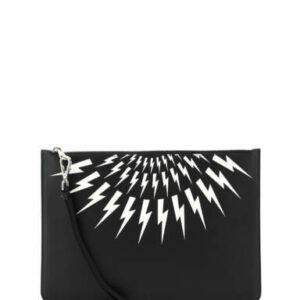 NEIL BARRETT FAIR-ISLE THUNDERBOLT POUCH OS Black, White Leather